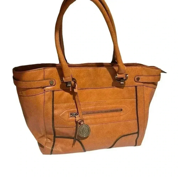 London Fog cognac faux leather tote bag large - Picture 1 of 12